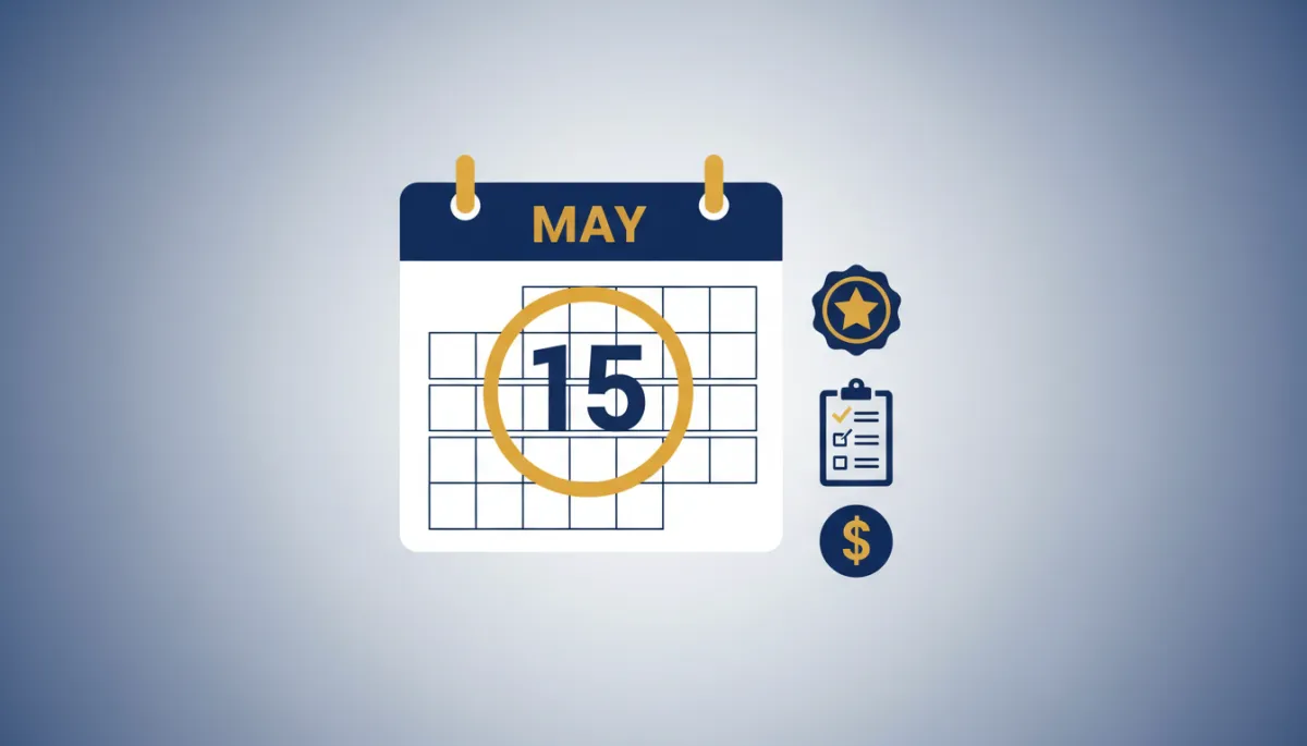 flat illustration of a wall calendar with May 15 circled in gold, a navy blue official stamp icon, checklist and dollar sign icons beside it, clean vector style, color palette navy blue gold and white