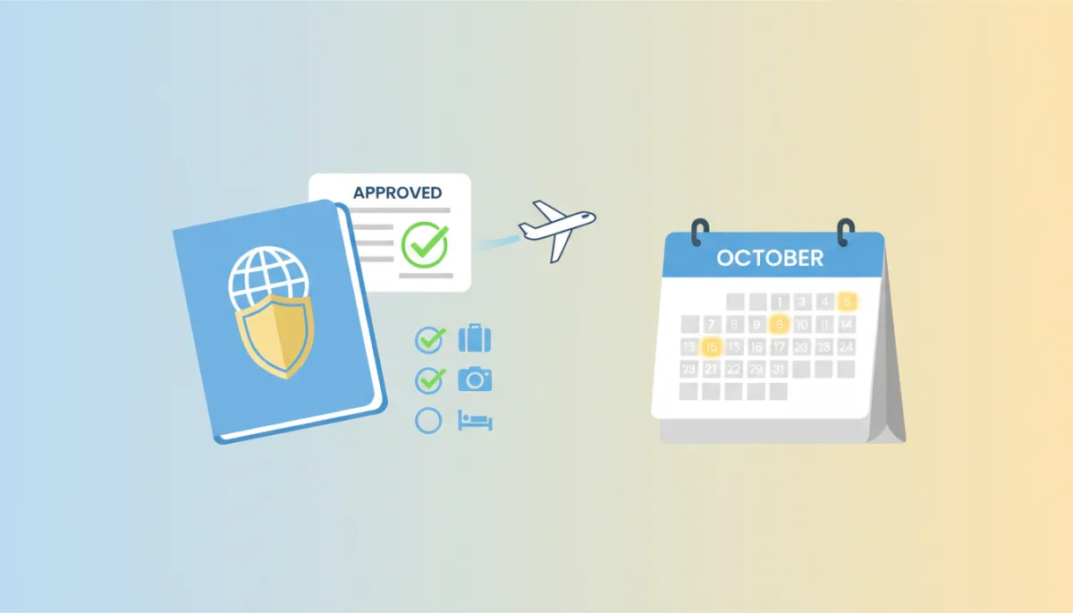 Flat illustration: passport, travel document, airplane icon, and checklist beside a calendar
