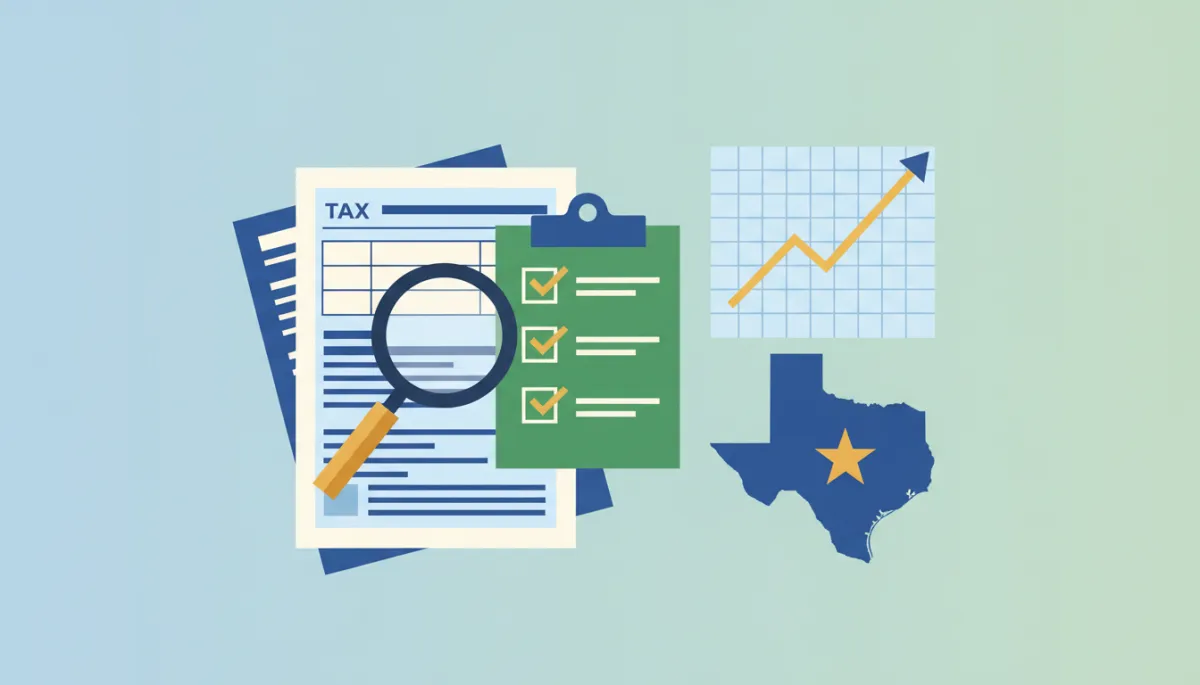 flat illustration of tax documents and forms, a magnifying glass over a checklist, an upward trending chart, and a Texas state outline with a lone star, on a light background, professional color palette, no people