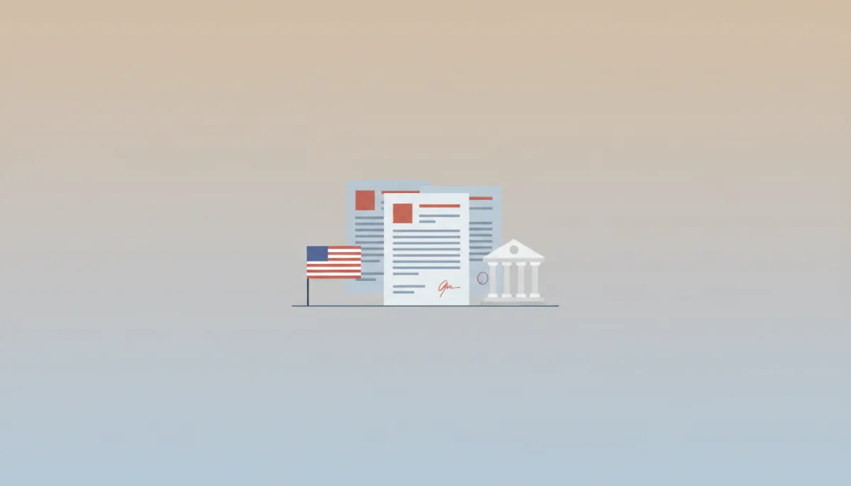 Flat illustration of legal documents, U.S. flag, and courthouse icon representing asylum process paperwork