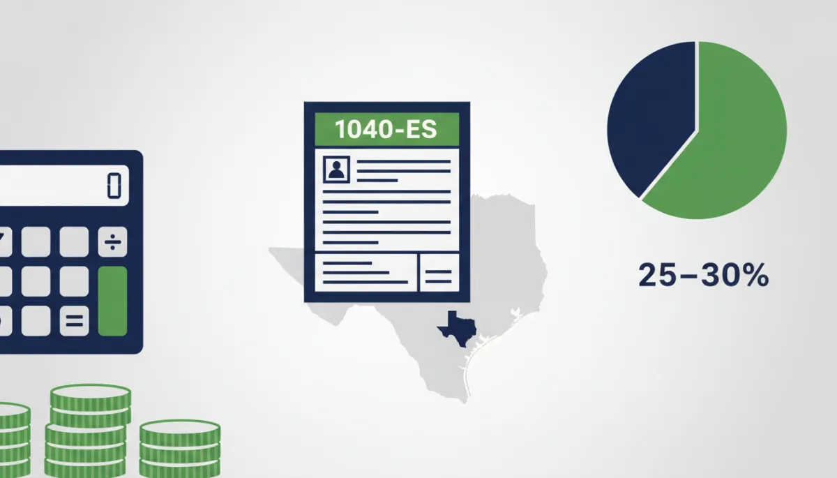Flat illustration of tax forms, calculator, and savings pie chart for estimated taxes