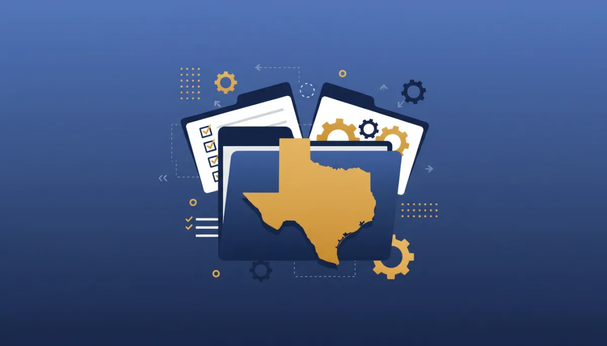 Flat illustration of organized folders and Texas outline for franchise tax filing