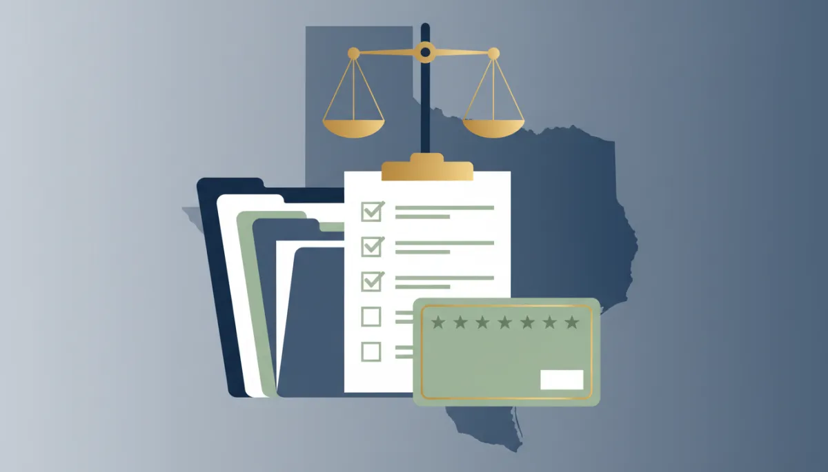 Flat illustration of organized immigration documents, green card, and scales of justice