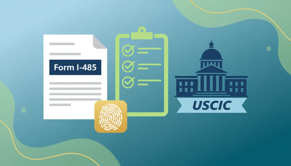 Illustration of I-485 form, biometrics, and USCIS building icons