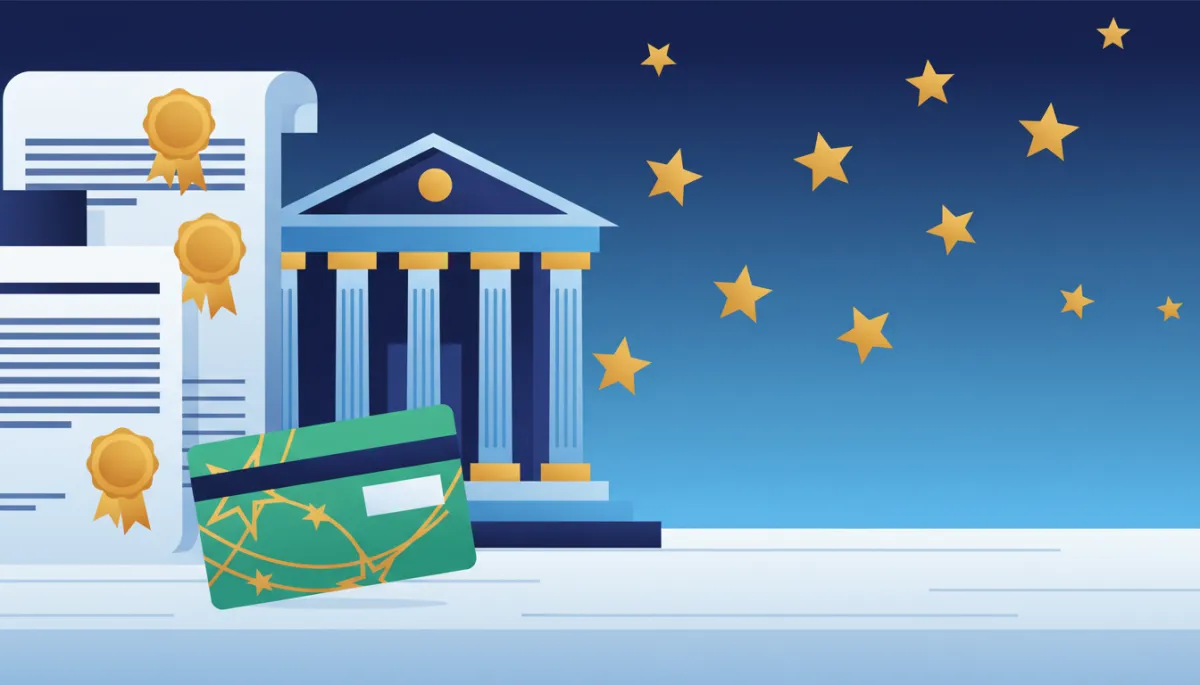 Flat illustration of legal documents, courthouse, and green card representing immigration status