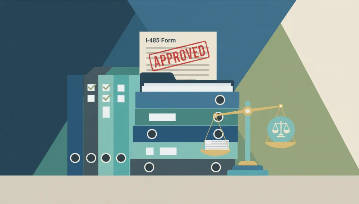 Ilustración en flat design de carpetas, listas de verificación y formulario migratorio con sello aprobado
