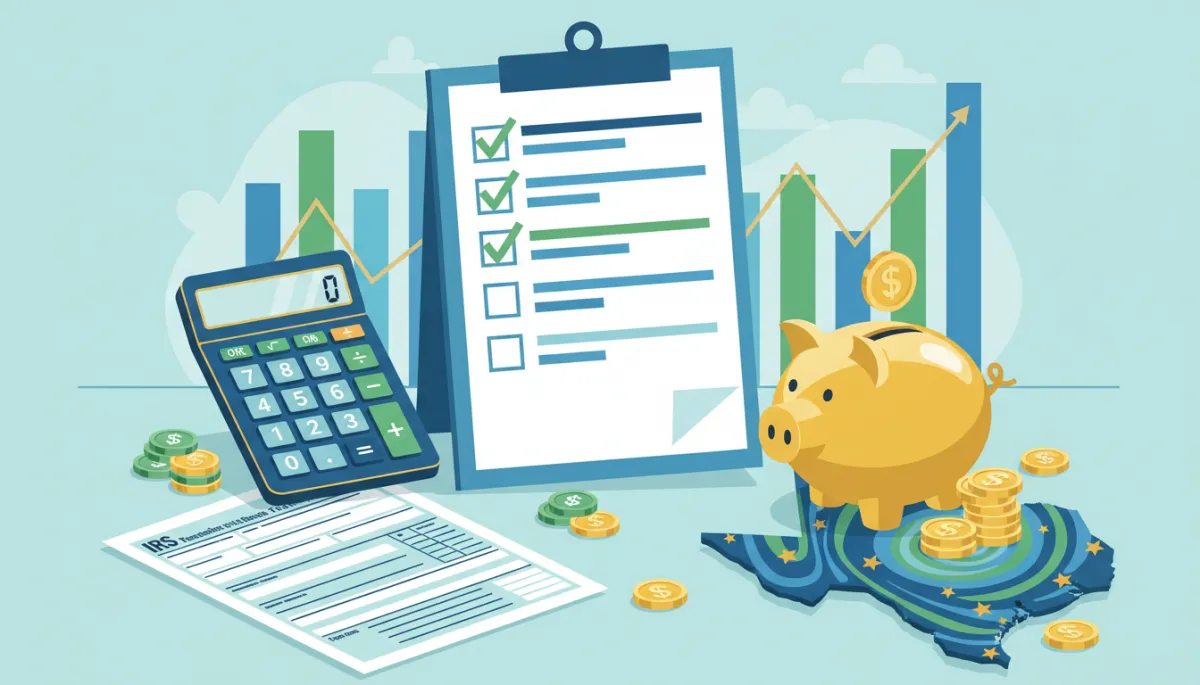 Flat illustration of a tax checklist and calculator for self-employed Texans
