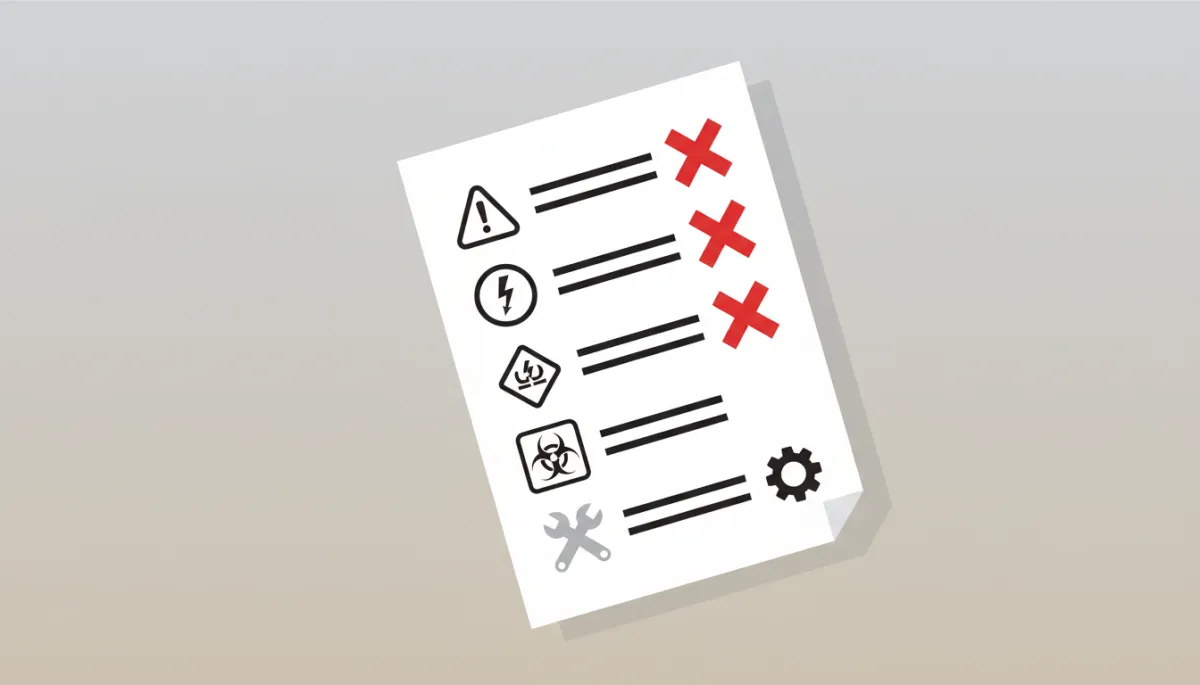 Flat illustration of a checklist with warning signs marked with red Xs