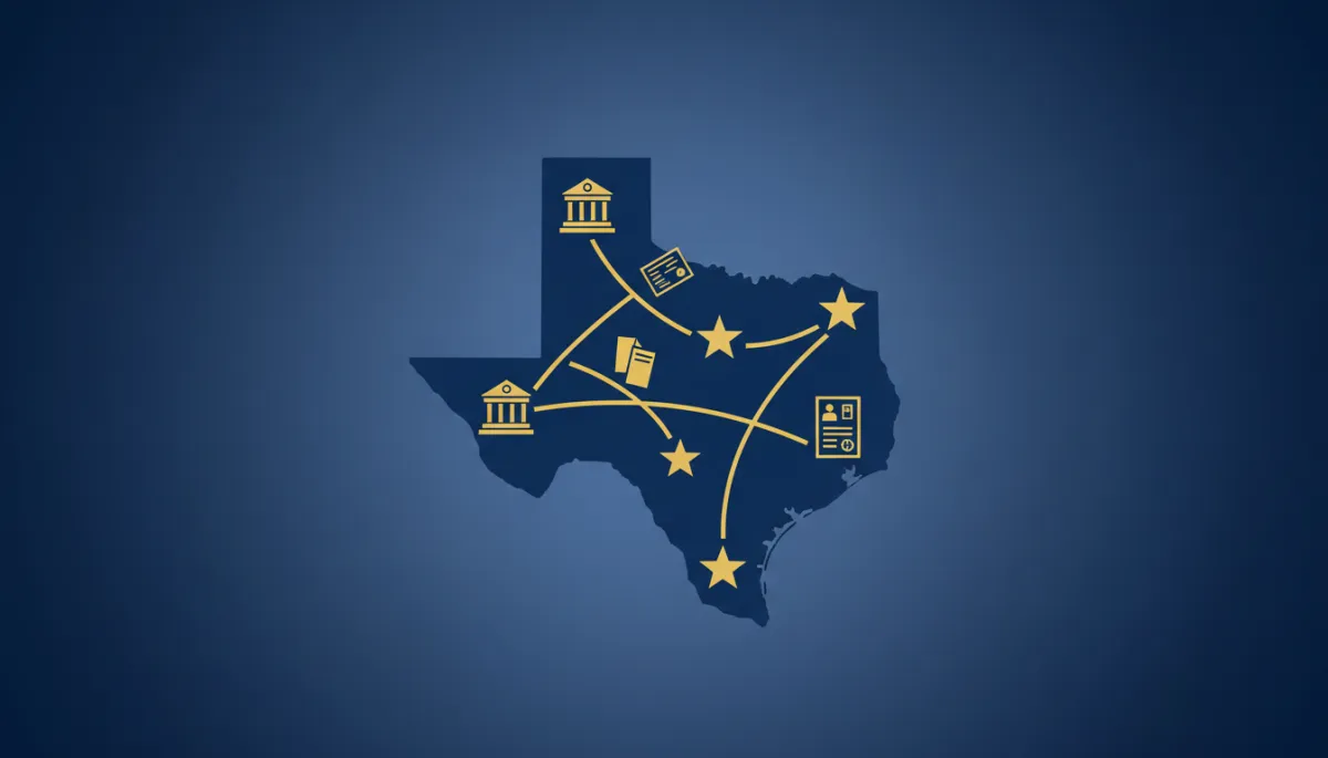 Ilustración plana de mapa de Texas con rutas legales y edificios judiciales