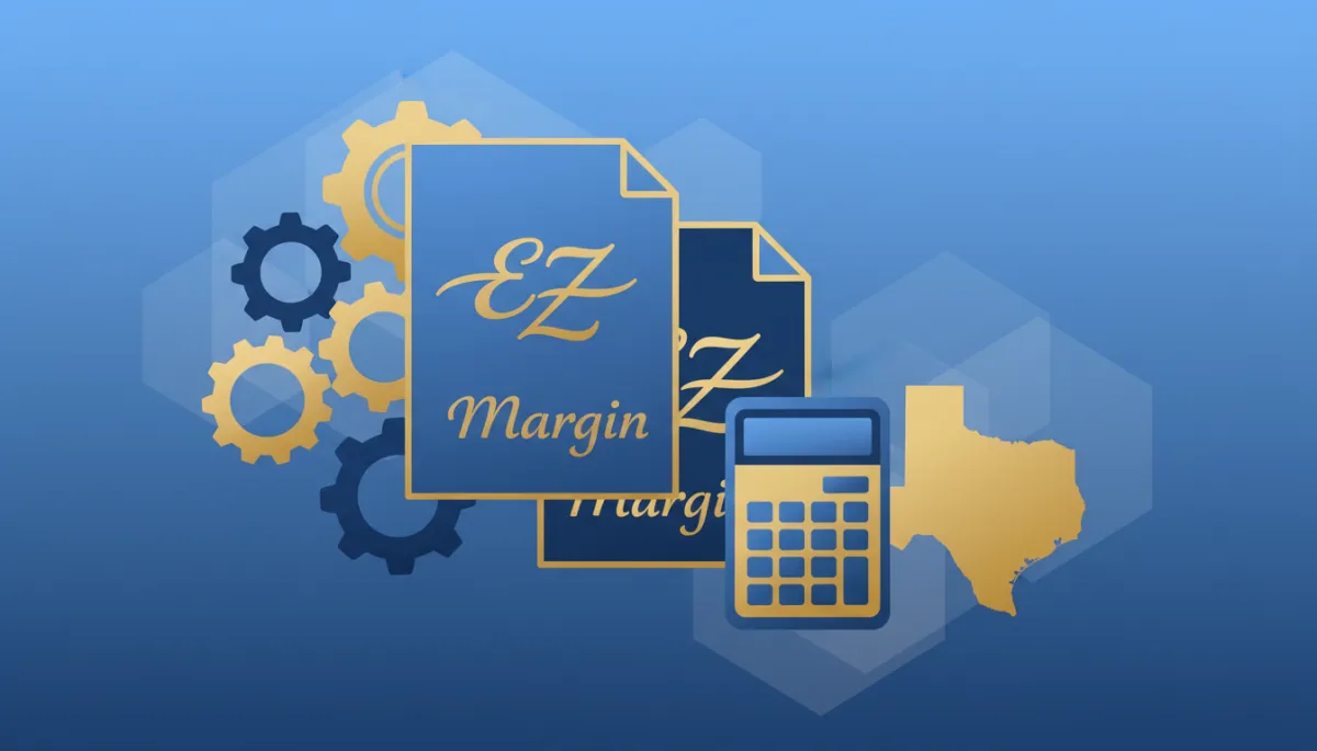 Flat illustration comparing EZ and margin tax calculation documents with gears and calculator
