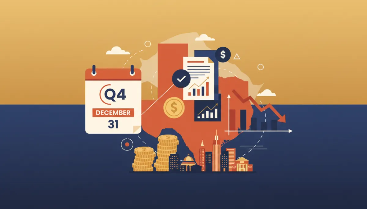 Flat illustration of year-end tax planning icons including stacked coins, Q4 calendar, Texas outline, upward graphs, and documents in navy blue and gold