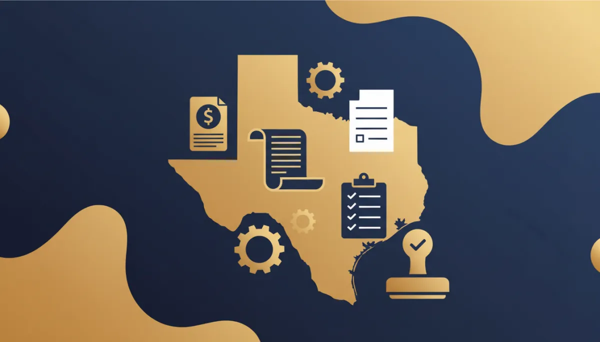 Flat illustration of Texas state outline with gold and navy blue gears, documents, and office building silhouettes