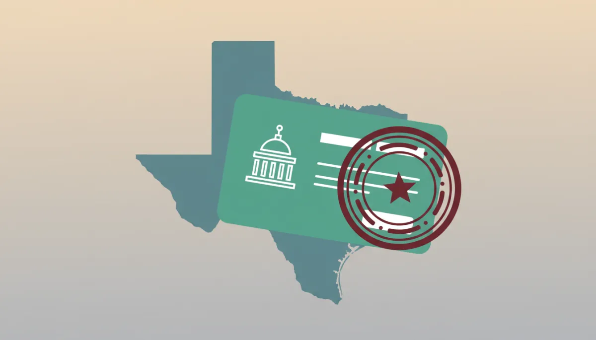 flat illustration of a Texas outline map, a large green permanent resident card, official stamp and government building icon on a neutral background