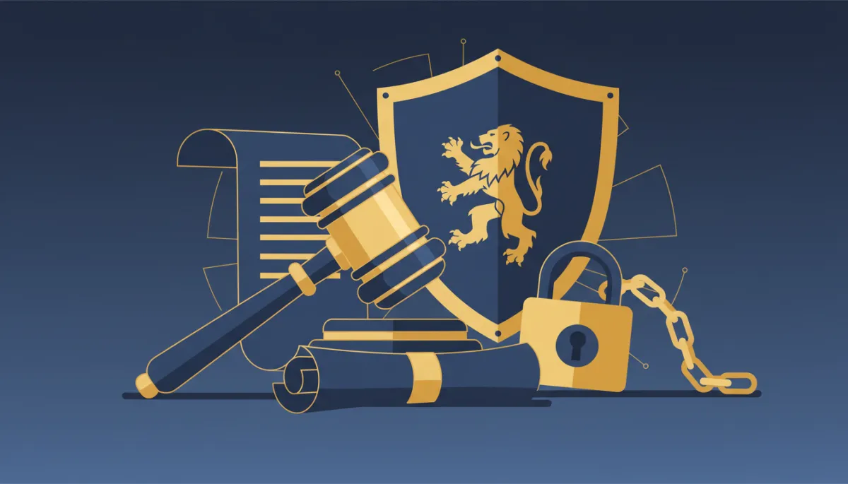 flat vector illustration of legal and protection symbols including a gavel, shield, document scroll, and padlock in deep navy blue with gold accents, minimal clean style, no people