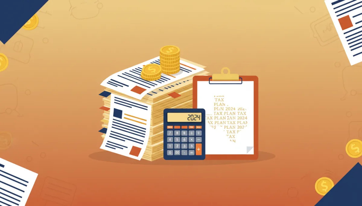 flat illustration of a stack of tax documents, gold coins, calculator, and an outline of Texas on a clipboard, all in warm gold, navy blue, and burnt orange colors with subtle overlay text about year-end tax planning