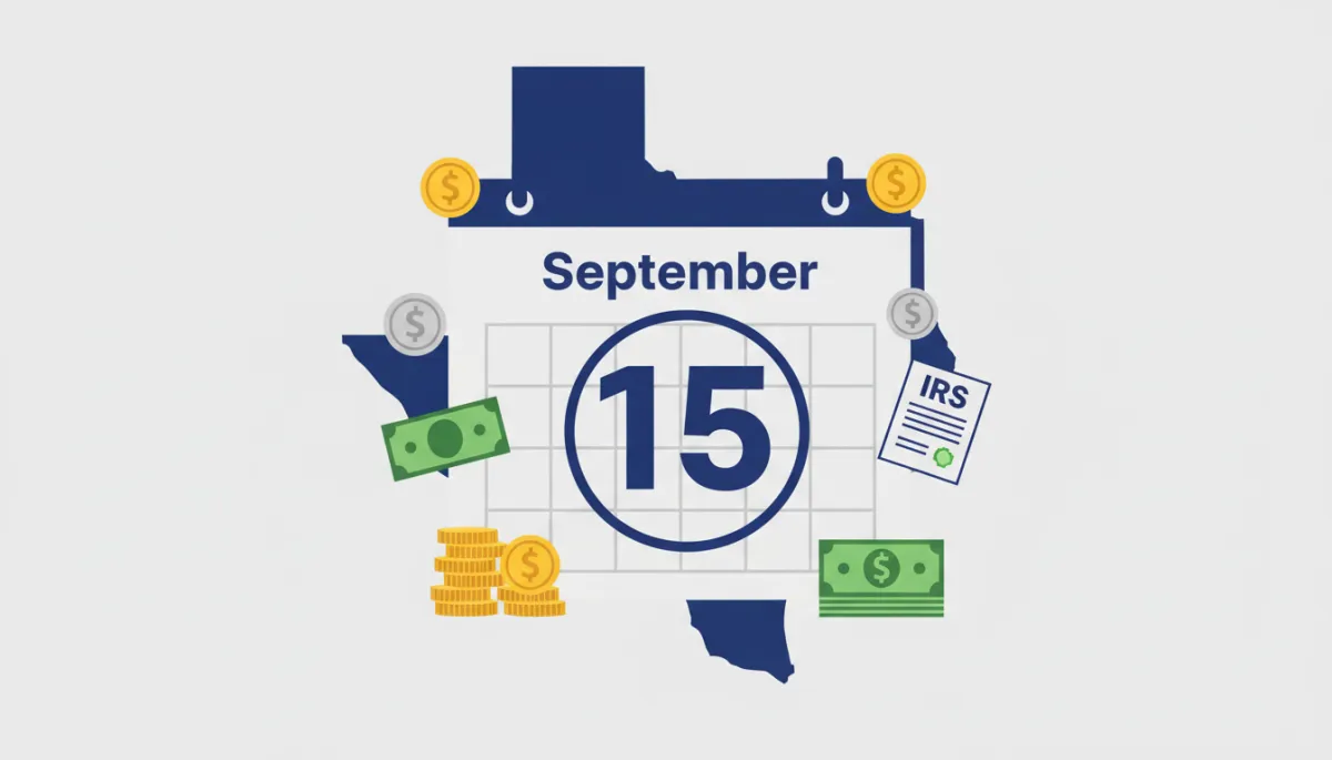flat illustration of a large wall calendar page with the date September 15 circled in blue, surrounded by icons of coins, stacked bills, and IRS tax documents, with a bold Texas state outline silhouette behind the calendar; color palette uses professional blue #1E3A8A, green #16A34A, and light gray #F9FAFB; clean minimal style, no people