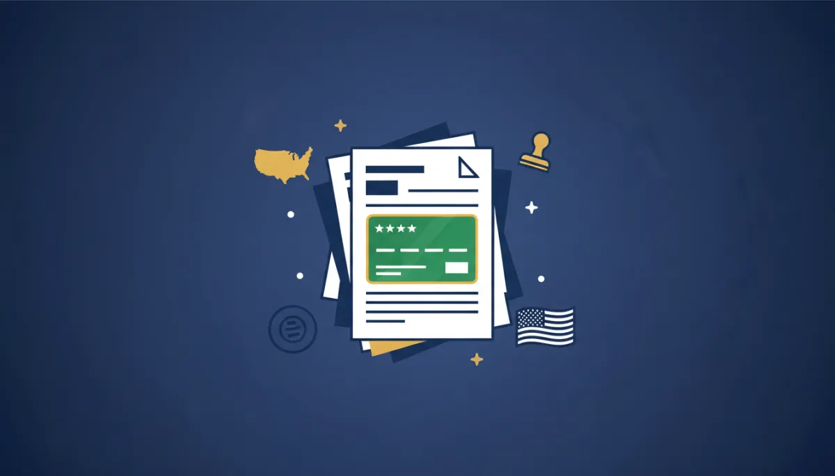 Flat vector illustration, clean minimalist design, showing a neat stack of official immigration documents and forms on a deep navy blue background, with a green card in the center. Around the stack are small gold and white icons: an outline of the United States map, an official circular government stamp, and a small American flag, all in a flat illustration style using deep navy blue, gold/amber, and white colors. No people, no faces, no hands.