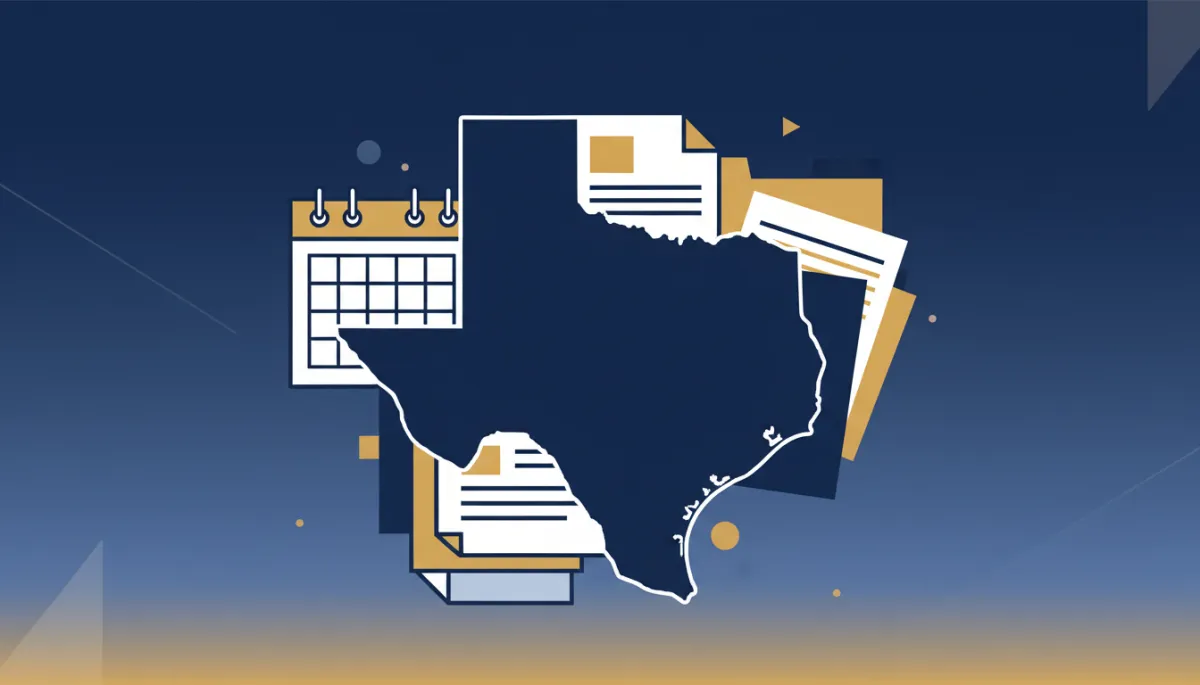 flat illustration of Texas state outline with documents, calendar, and filing folders around it, using deep navy blue, gold and white, clean lines, no people