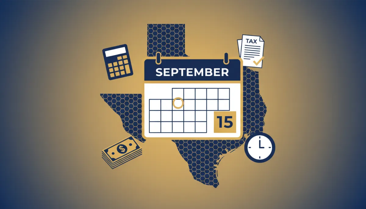 flat illustration of Texas state outline with a large calendar showing September 15 highlighted, surrounded by icons of a calculator, dollar bills, tax documents, and a clock in navy blue, gold, and white colors