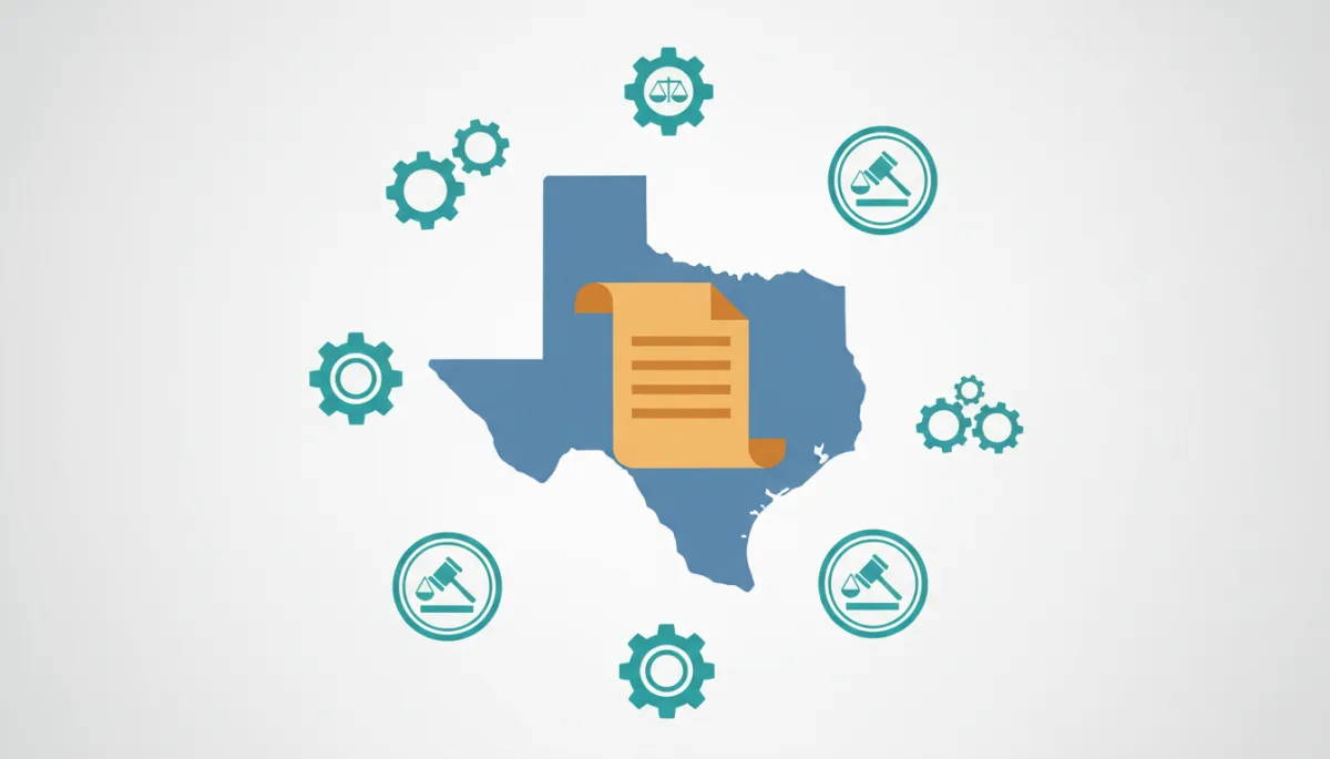 Flat vector illustration of Texas state outline with LLC document and legal icons in muted blue and amber