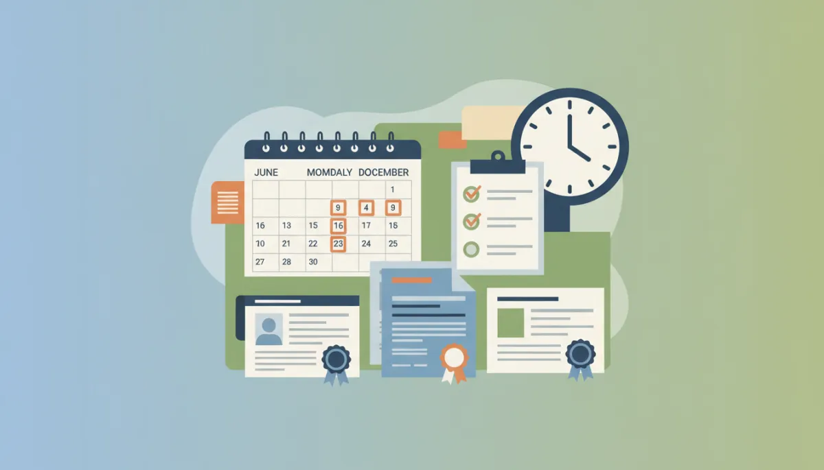 flat illustration of calendar marked June through December with highlighted deadline dates, checklists, immigration documents, and a large clock, all in clean professional colors
