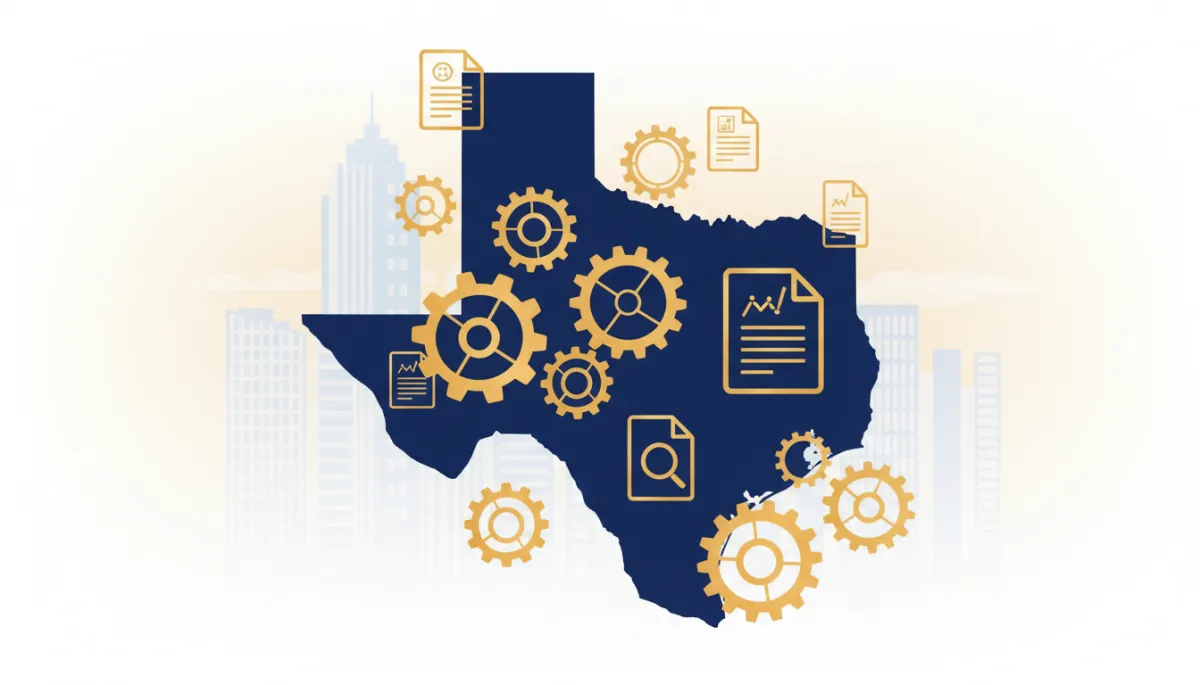 flat illustration of Texas state outline in navy blue with gold/amber gears and document icons layered around it, subtle office building silhouettes in background, clean vector style, color palette navy blue gold and white