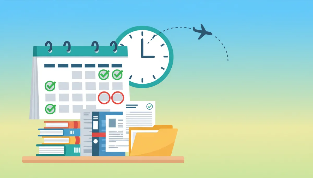Flat illustration: calendar with checkmarks, immigration folders, clock icon