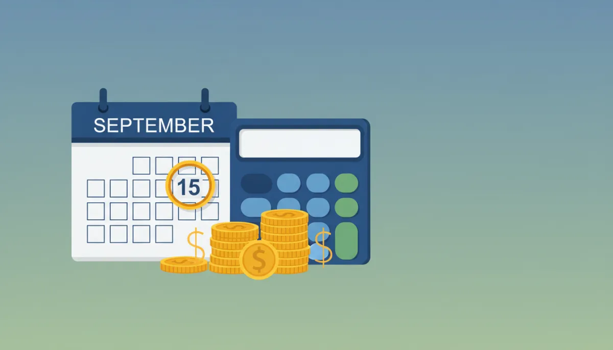 flat illustration of a calendar with September 15 circled, a calculator, and stacked coins and dollar symbols on a light background, clean professional color palette, no people