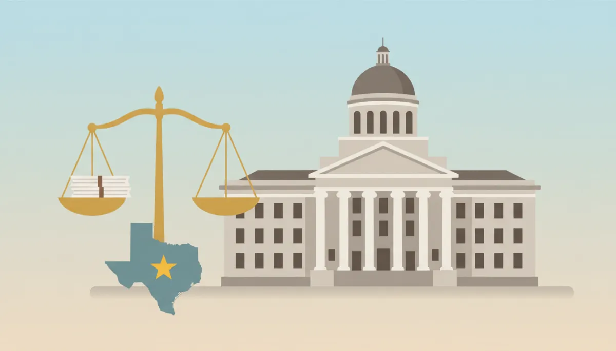 flat illustration of a neutral-colored U.S. courthouse with scales of justice, documents, and a small Texas map with a star over Fort Worth, clean minimal design