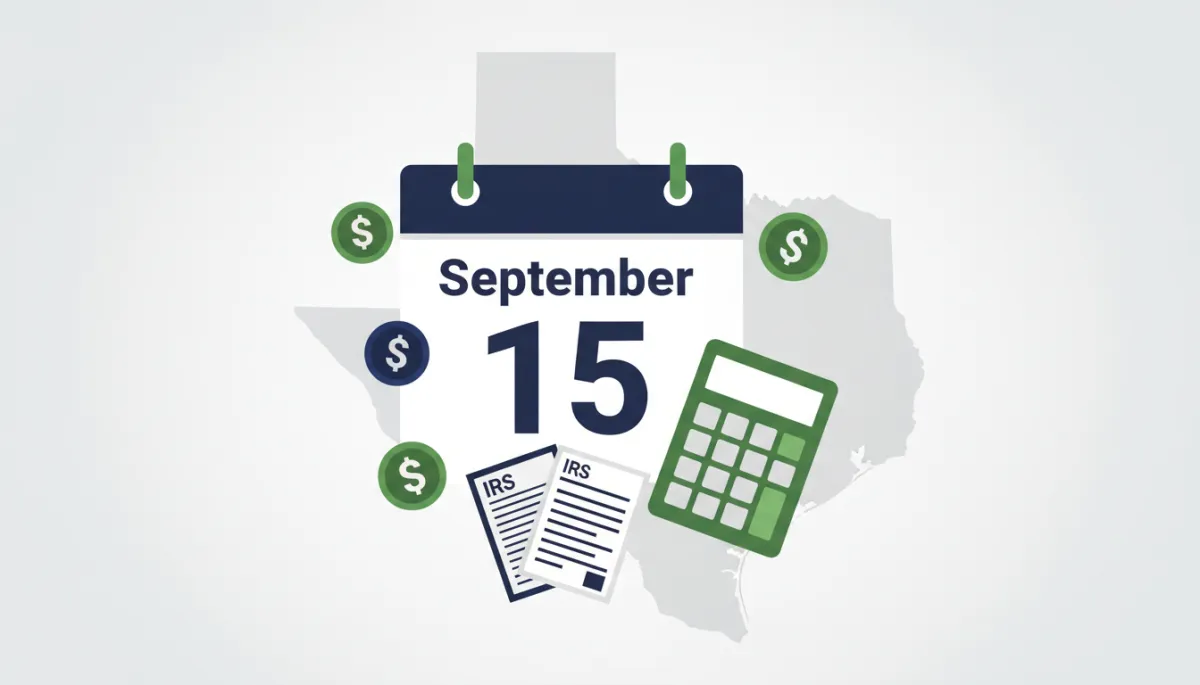 flat illustration in navy blue (#1B3A6B), forest green (#2D6A4F), and light gray showing a large calendar page marked September 15 with dollar sign coins, a calculator, IRS-style tax form icons, and an outline of Texas in the background