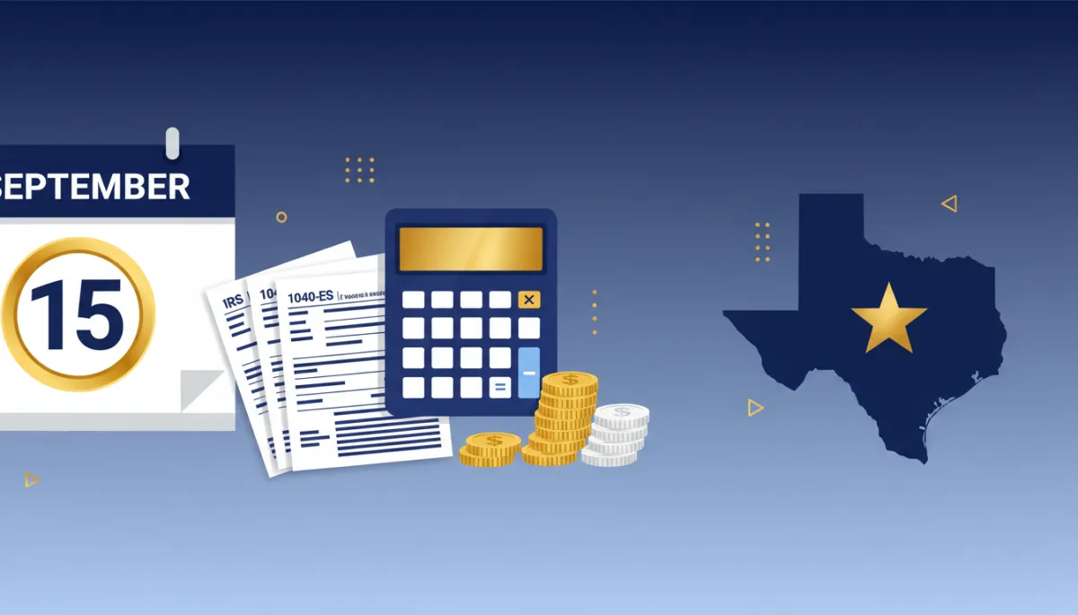 flat illustration of a September calendar page marked with the 15th circled in gold, alongside a navy blue calculator, IRS 1040-ES tax forms, stacks of coins, and an outline of Texas with a star over Fort Worth, clean navy blue, gold, and white color palette