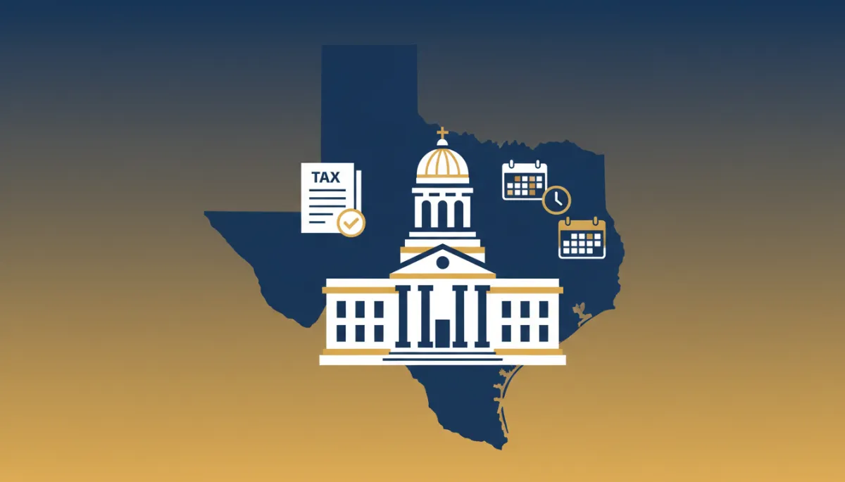 flat illustration of Texas state outline with a courthouse-style government building, tax documents, and calendar icons in navy blue, gold, and white, clean flat design