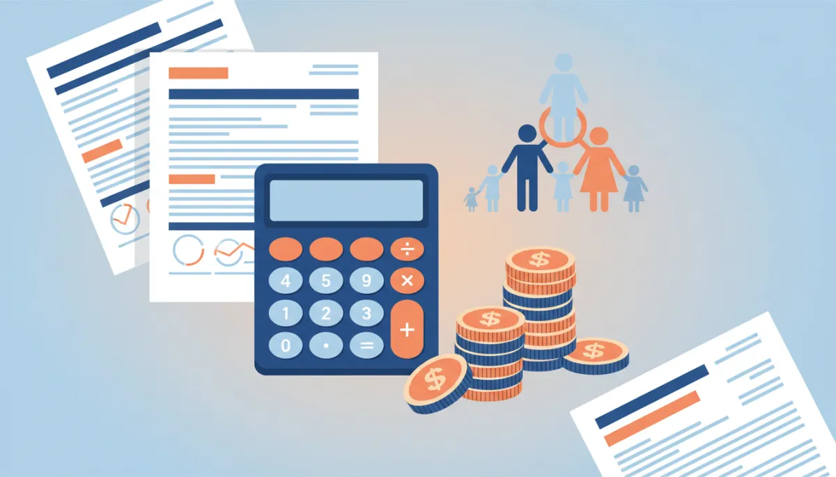 flat illustration of tax documents, calculator, coins and abstract family icons on a desk, clean modern color palette blues and oranges, no people, simple icons only