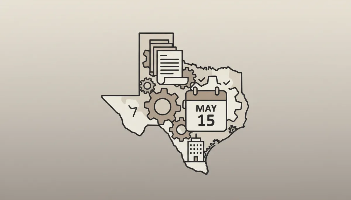 flat illustration of Texas state outline with gears, documents, calendar marked May 15, and a small office building icon, all in neutral colors with clean lines