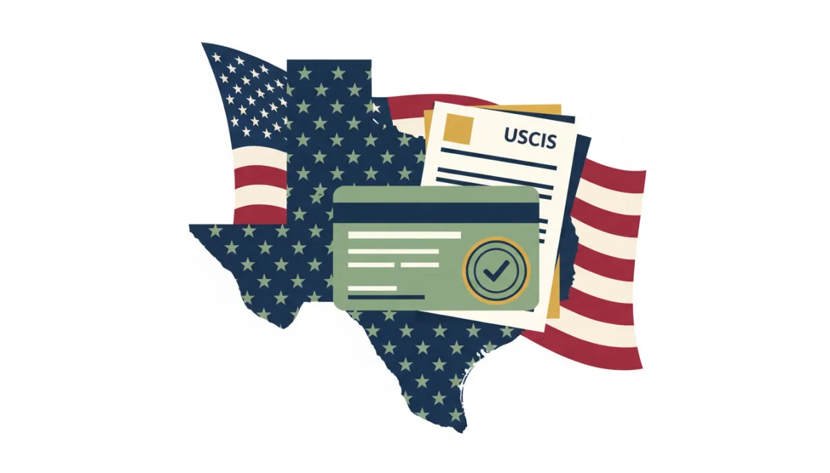 flat illustration of a Texas map outline with a stylized green card, USCIS-style document stack, official approval stamp, and a folded U.S. flag in the background, in muted navy, gold, white, and sage green colors