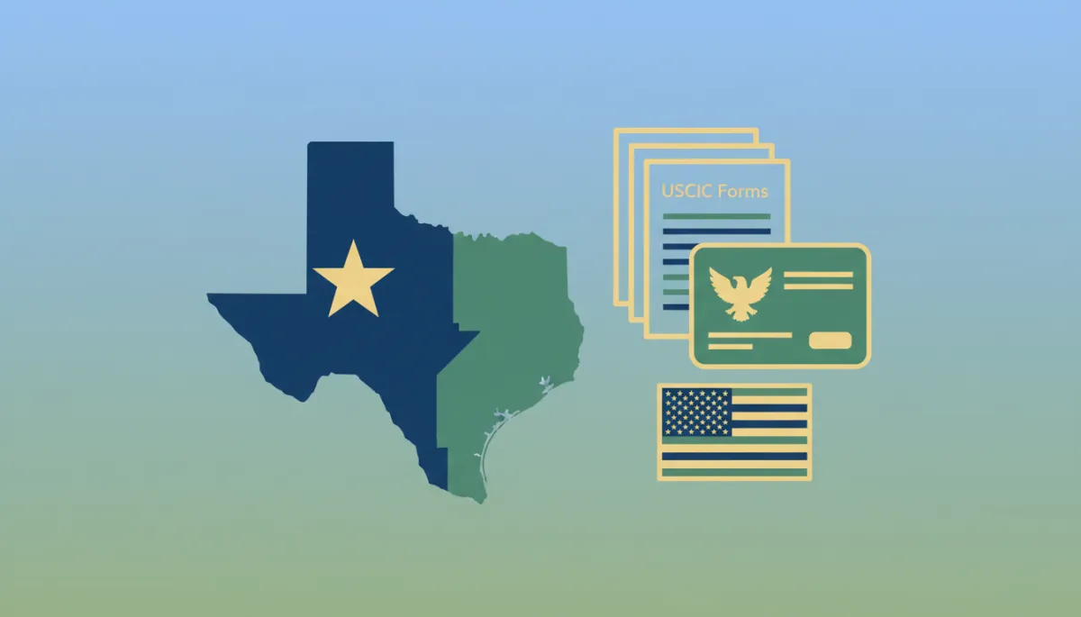 clean, flat vector/icon illustration of a stylized map of Texas with a star over Fort Worth, next to a stack of USCIS forms, a green card icon, and a small U.S. flag in professional blues, greens, and gold tones