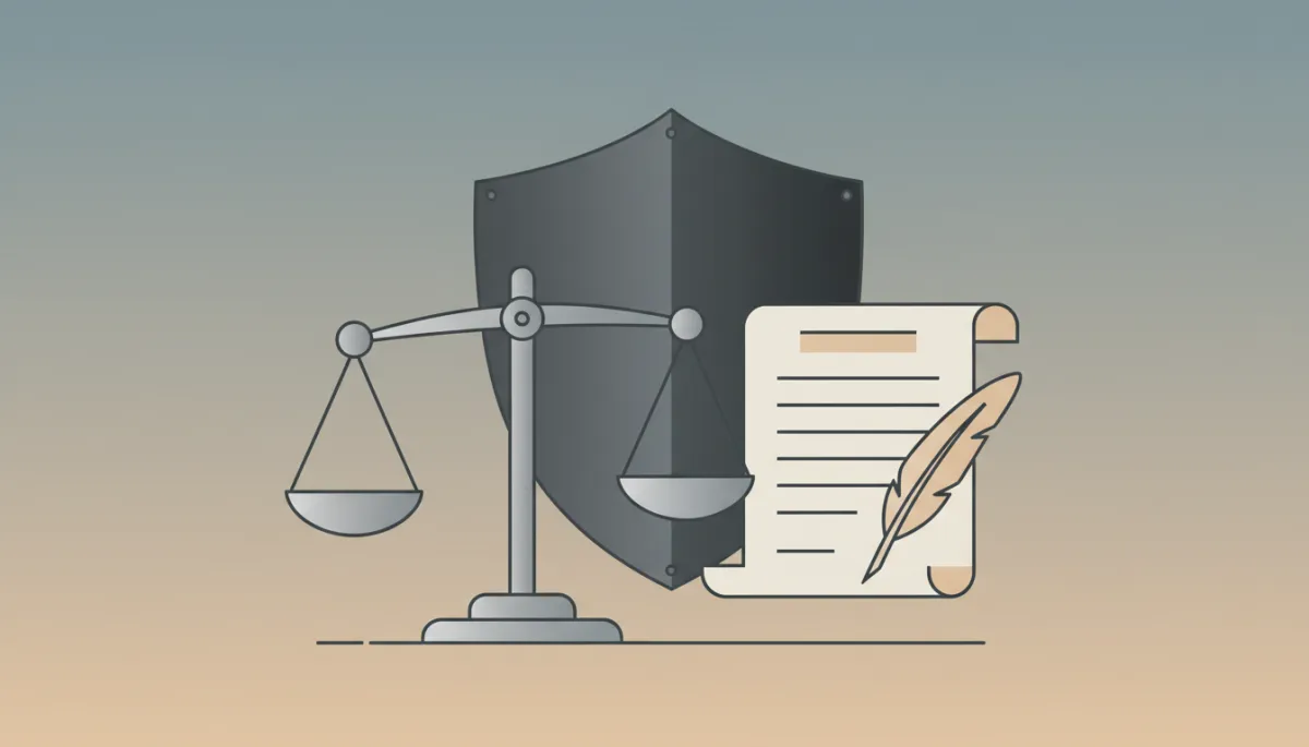 flat illustration of legal scales, shield, and document icons arranged together, neutral color palette, clean background, no people