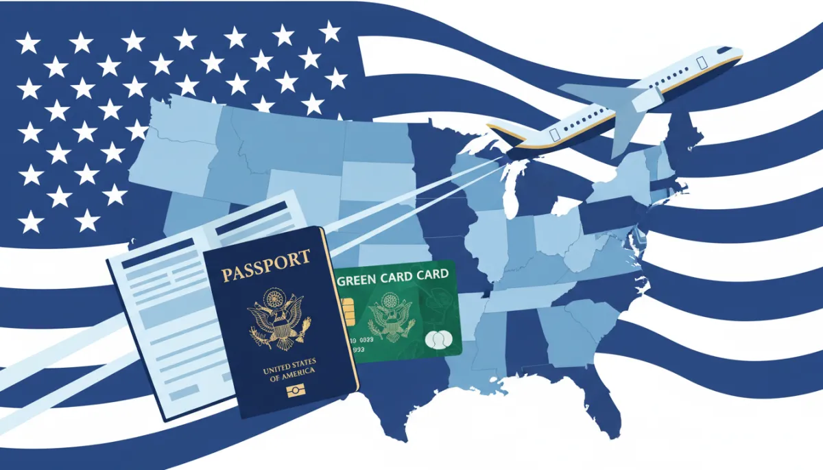 flat illustration of a U.S. passport, green card, and airplane taking off over a stylized map of the United States with a prominent American flag in the background, clean professional colors, no people