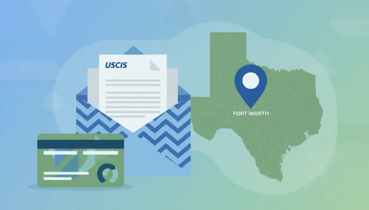 flat design illustration of immigration documents, a green card, a USCIS envelope, and a map of Texas with a location pin on Fort Worth, all in a clean professional color palette