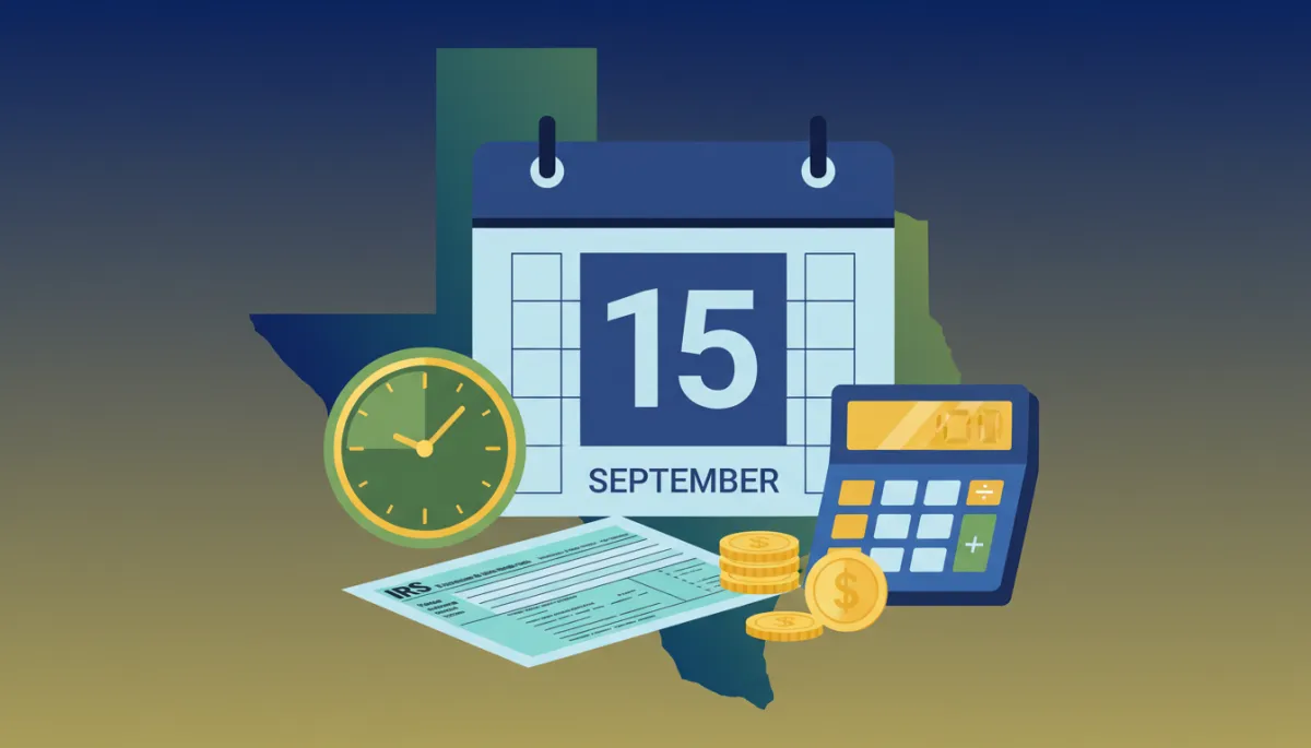 flat illustration of a large wall calendar marked September 15 with a clock, calculator, coins, IRS form, and Texas state outline in professional blues, greens, and gold tones