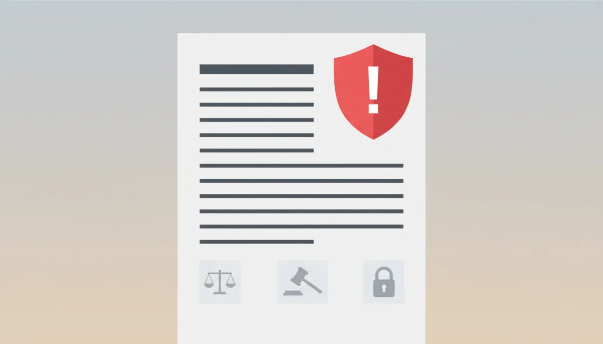 flat illustration of a legal document with a red warning shield and exclamation mark, neutral color palette, simple icons only, no people