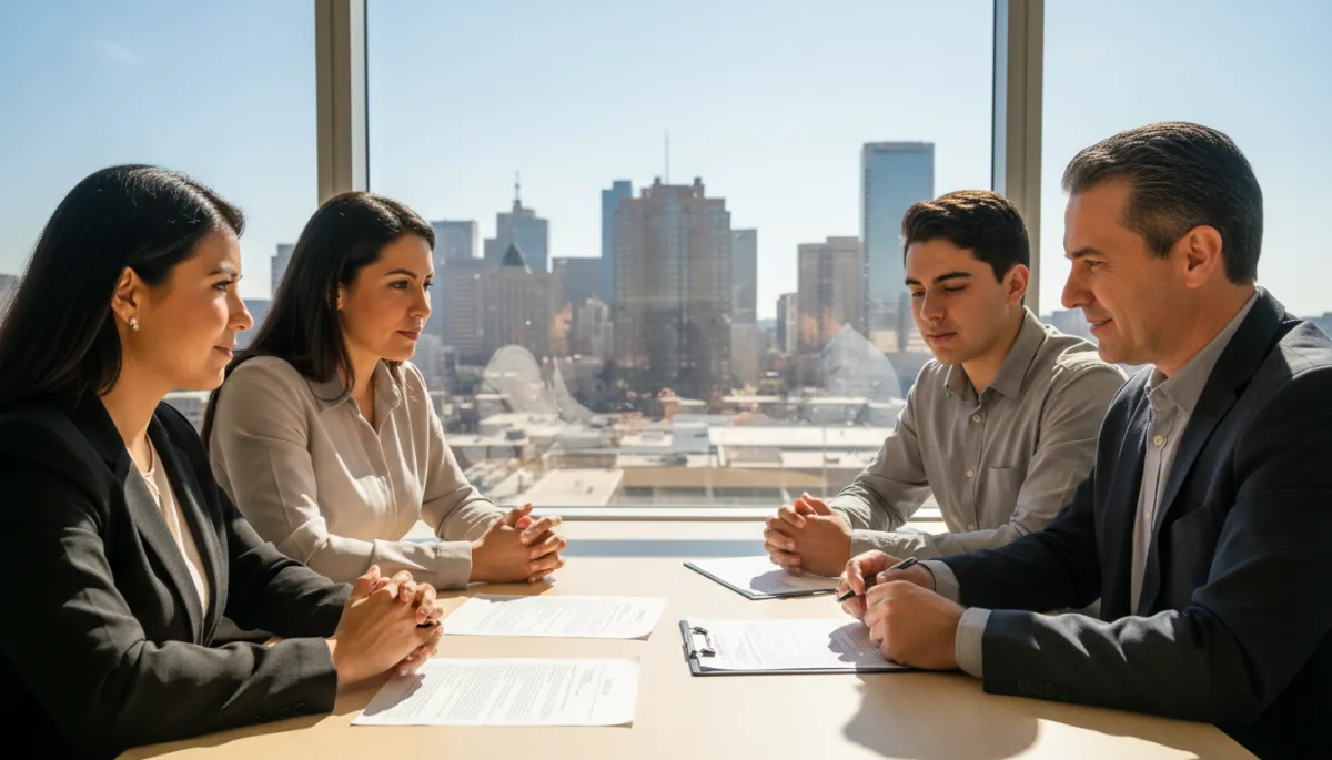 escena fotorrealista de una familia hispana reunida con un asesor financiero en una oficina luminosa, revisando documentos de formación de LLC sobre una mesa, con vista a la ciudad de Fort Worth al fondo