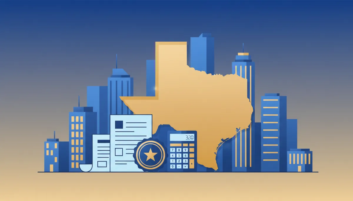 flat illustration of Texas state outline, a stack of tax documents, calculator, and official stamp arranged in front of a stylized office building skyline, professional blue and gold tones, no people