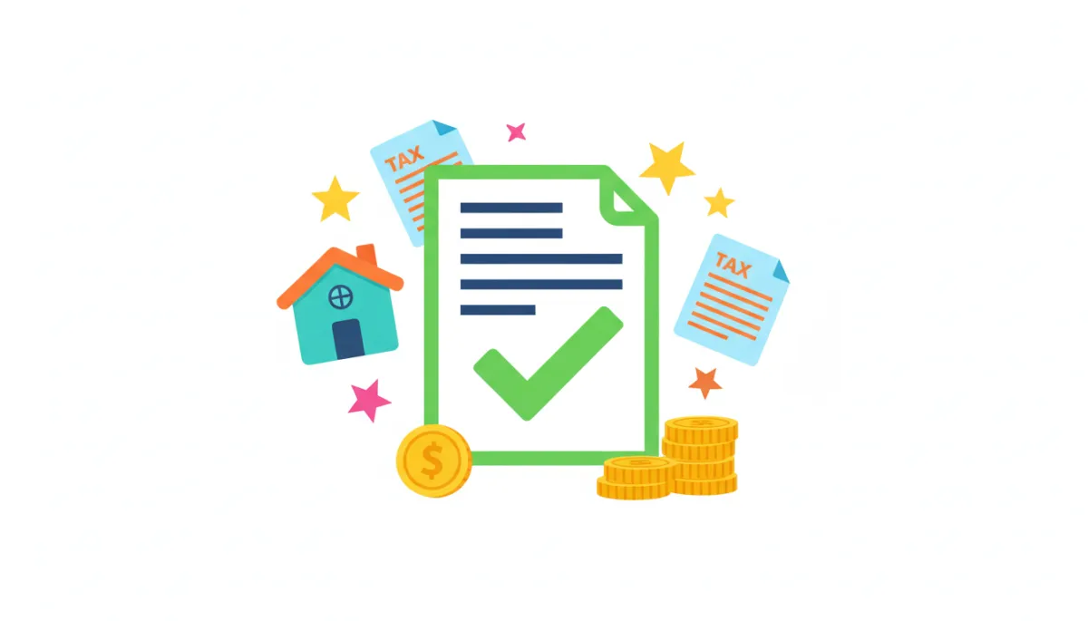 flat illustration en colores vibrantes sobre fondo blanco mostrando iconos de una casa, formularios de impuestos, monedas y estrellas alrededor de un gran ícono de documento con un check verde
