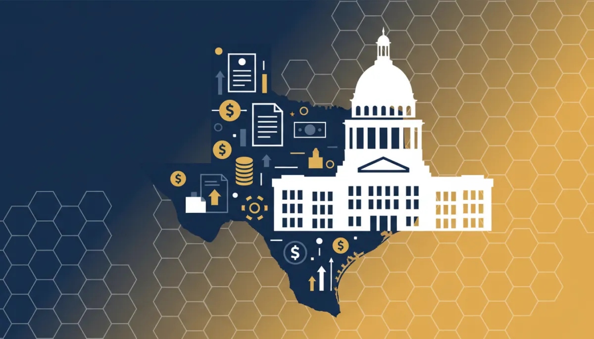 flat vector illustration of Texas state outline and Texas Capitol building silhouette with layered document icons, gears, and tax symbols in navy blue, gold and white, representing Texas franchise tax compliance