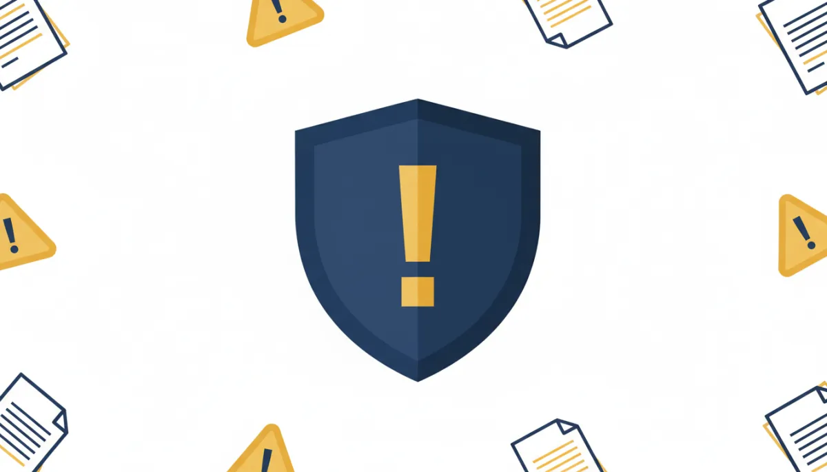 flat vector illustration of a navy blue shield with a gold exclamation mark in the center, surrounded by simple icons of documents and warning triangles on a clean white background