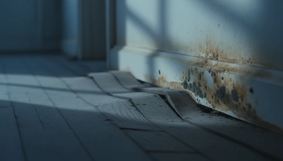 Close-up of warped and water-damaged floorboards along a hallway wall