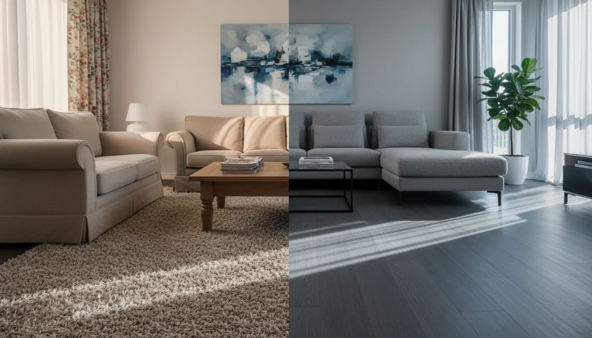 Living room showing outdated carpet contrasted with modern plank flooring