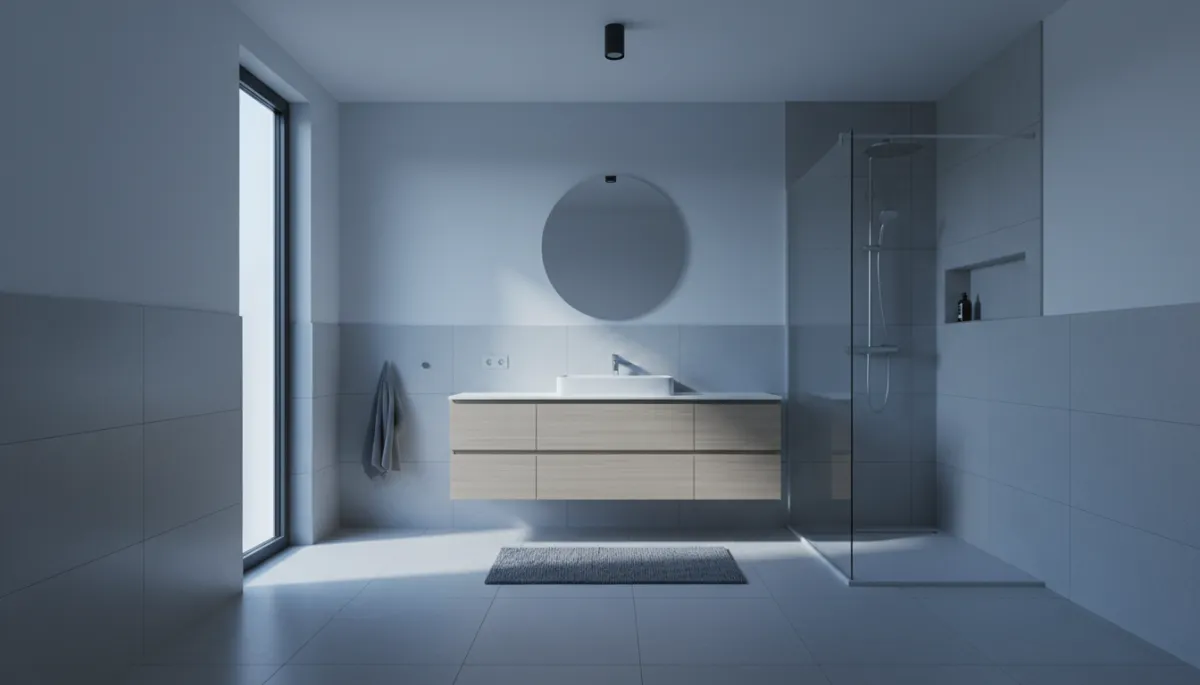 Minimalist bathroom with large porcelain tile flooring