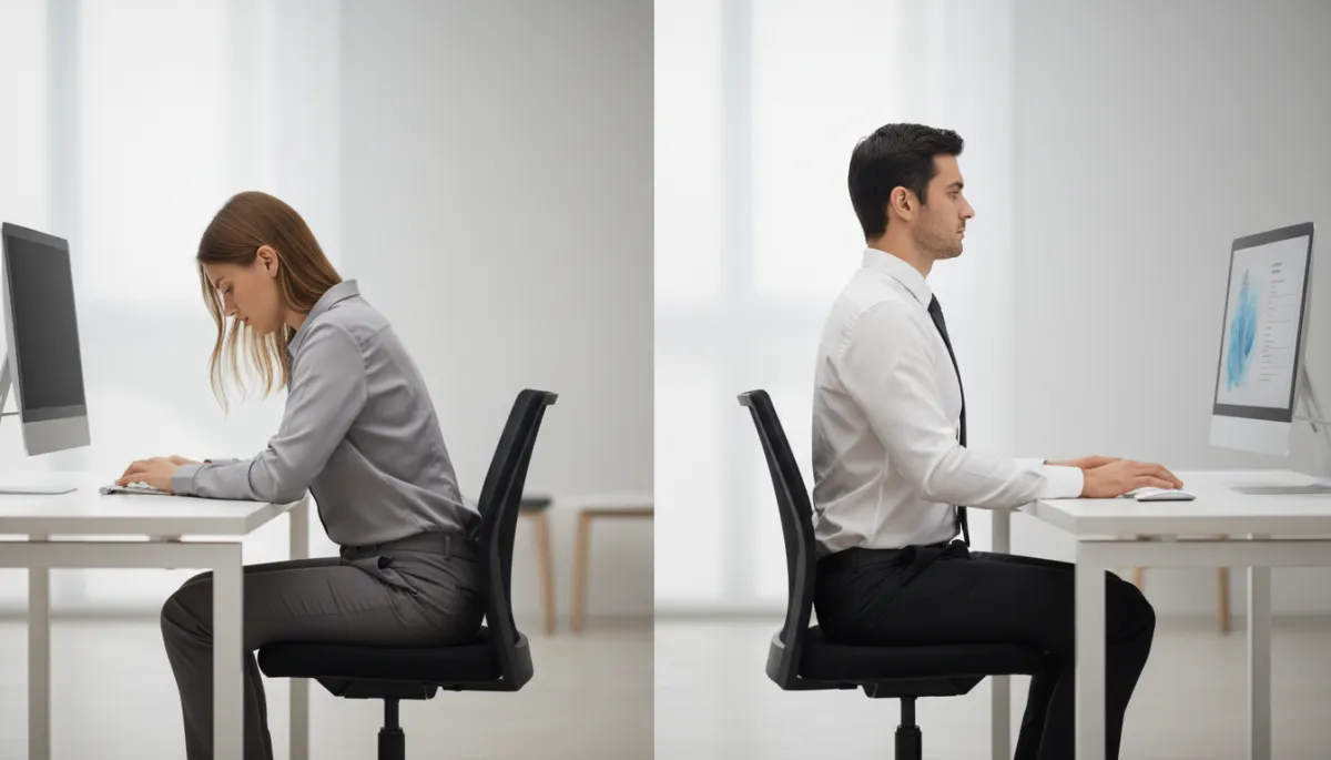 Comparison of poor posture and good spinal alignment at a desk Comparison of poor posture and good spinal alignment at a desk
